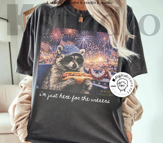 Just Here for the wieners Tee (trash panda)